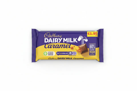 Cadbury Dairy Milk Caramel chocolate bar packaging on a white background