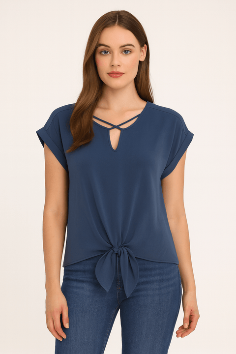 BCX Women's Navy Blue Juniors Lattice-Detail Sleeveless Blouse |BCX In Lebanon