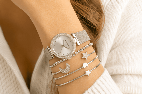 Laura Ashley Women's Silver 4 Pcs Bangle Stack With Mesh Watch | Laura Ashley In Lebanon
