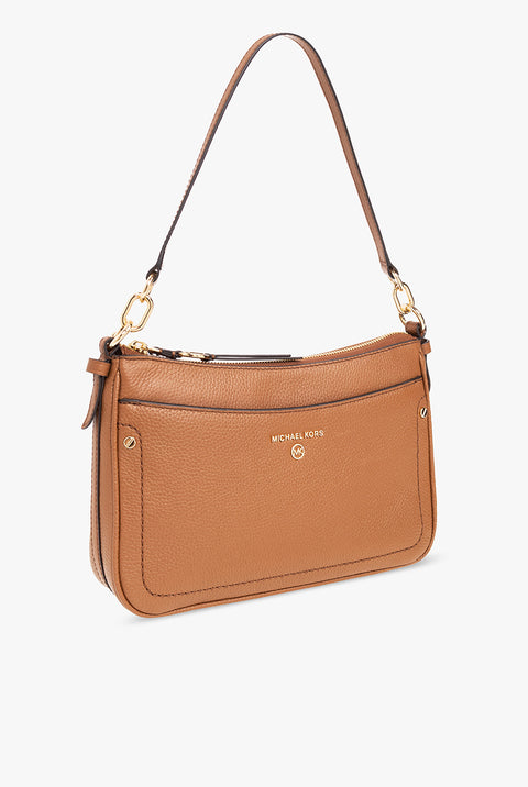 Brown handbag with gold clasp on a white background
