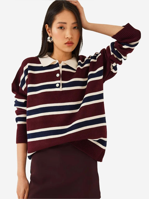 Big Dart Women's Burgundy Striped Polo Neck Knit Sweater | Big Dart In Lebanon