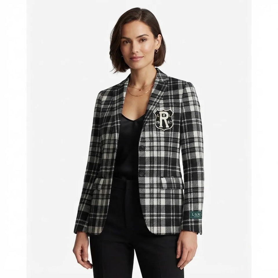 Lauren Ralph Lauren Women's Beige Black Tartan Pattern Blazer