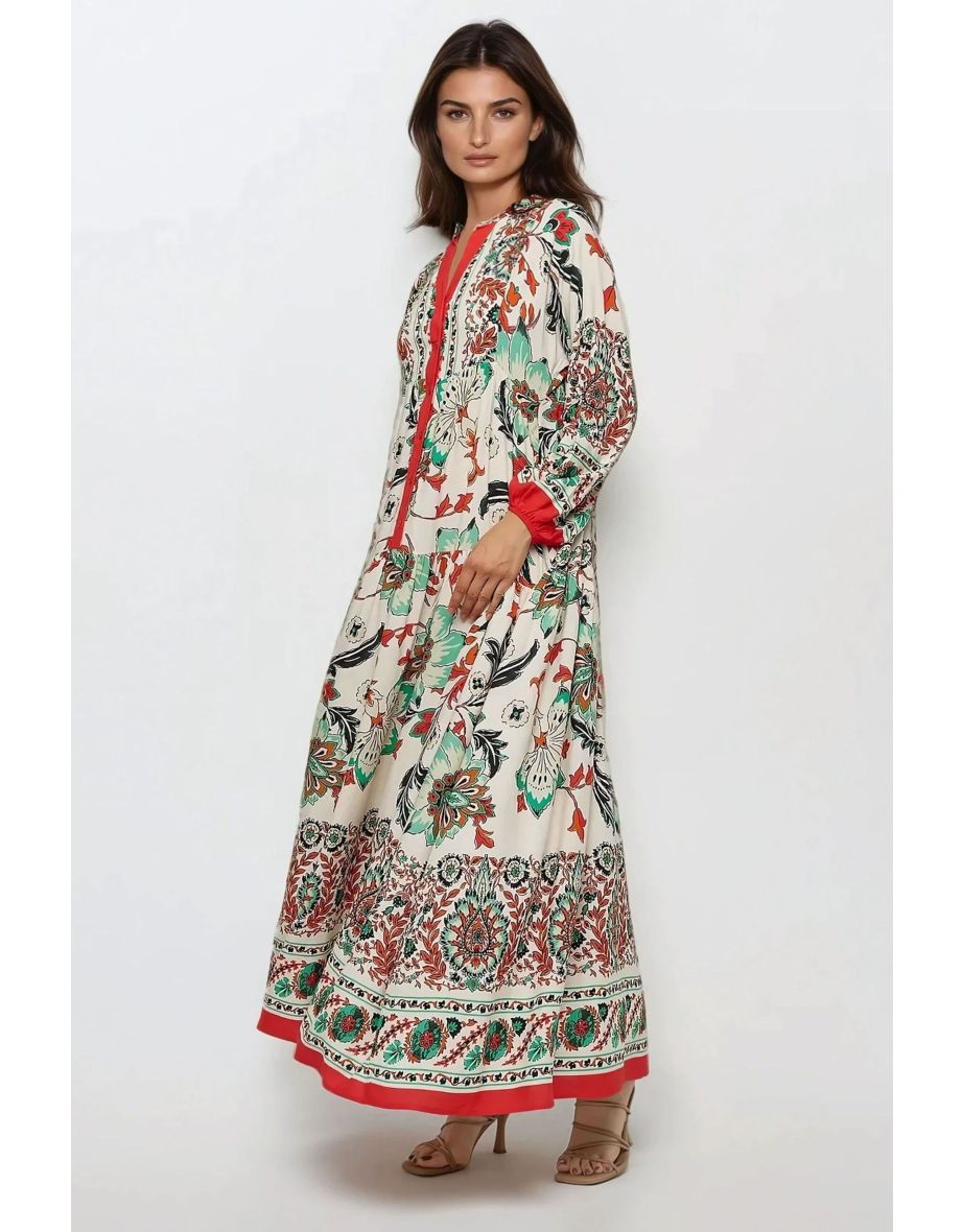 Big Dart Women's Multicolor Printed Long Sleeve Viscose Maxi Dress |Big Dart In Lebanon