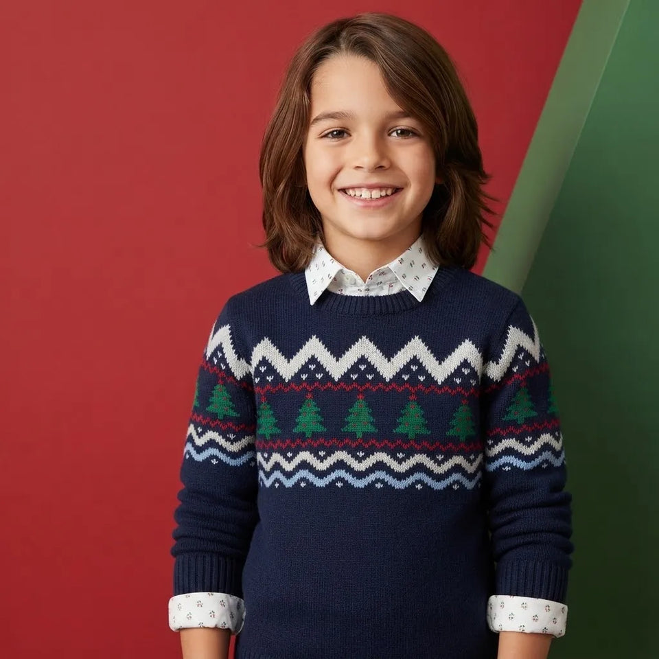 A smiling young boy with shoulder-length brown hair stands against a split red and green background, wearing a navy blue Christmas Fair Isle knit sweater with green pine trees and white zig-zag patterns, layered over a white collared shirt.