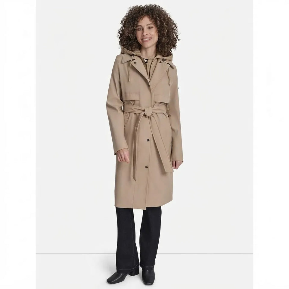 DKNY Women's Beige Belted Waterproof Trench Coat