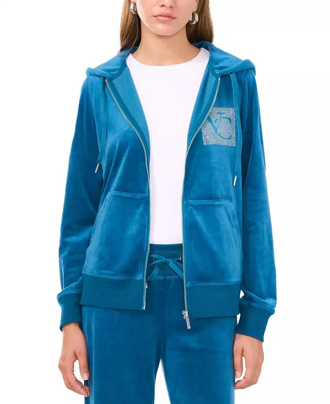 Vince Camuto Women's Teal Velour Rhinestone-Logo Hoodie|Vince Camuto In Lebanon