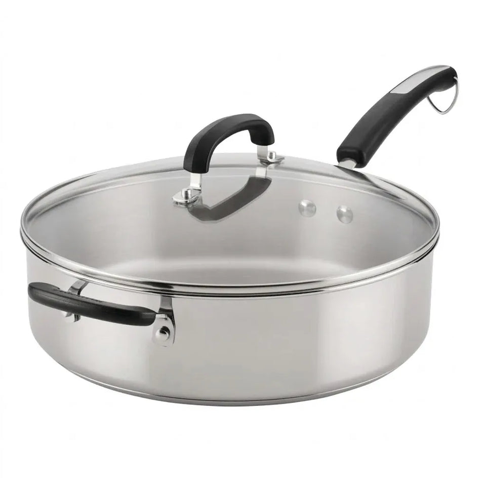 Stainless steel cookware set with lid on a white background