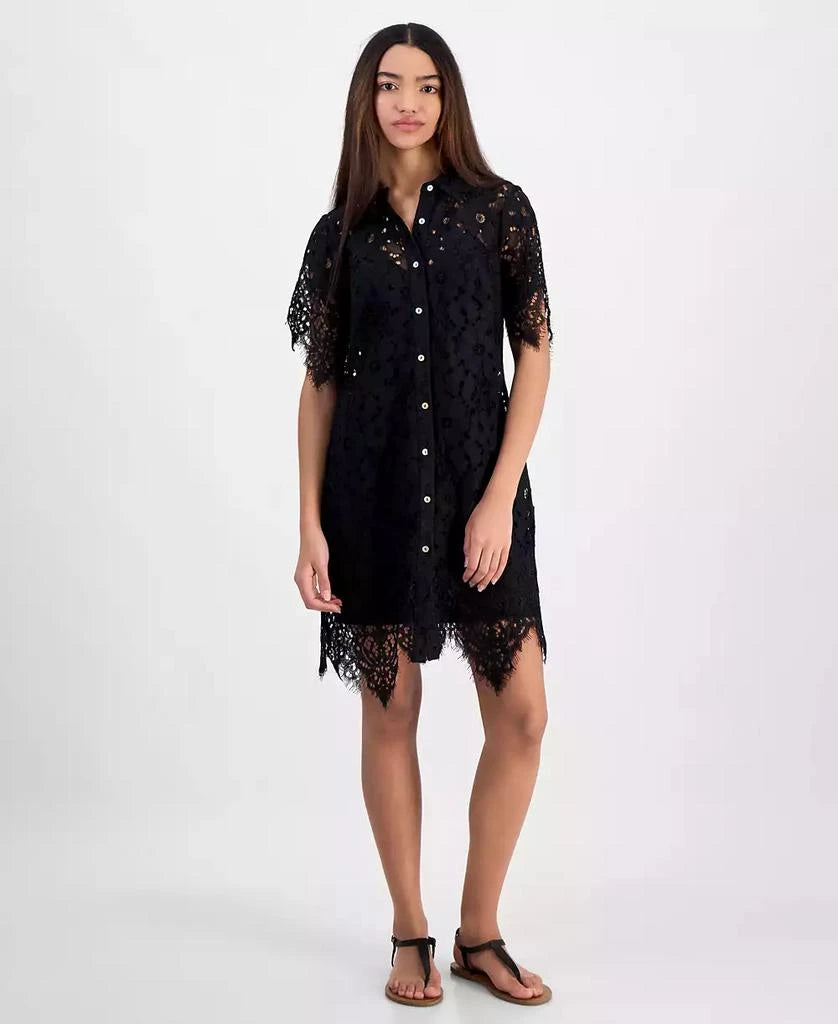 Fourteenth Place Women's Black Lace Button-Front Short-Sleeve Shirt Dress | Fourteenth Place In Lebanon