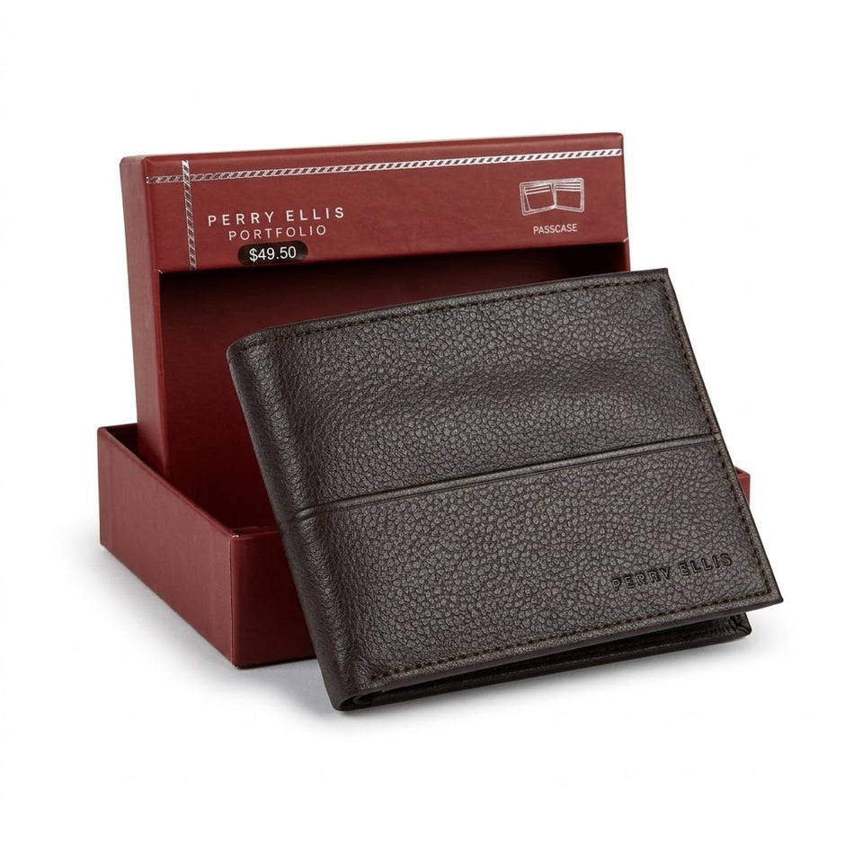 Perry Ellis Men's Dark Brown Leather Bifold Passcase Wallet