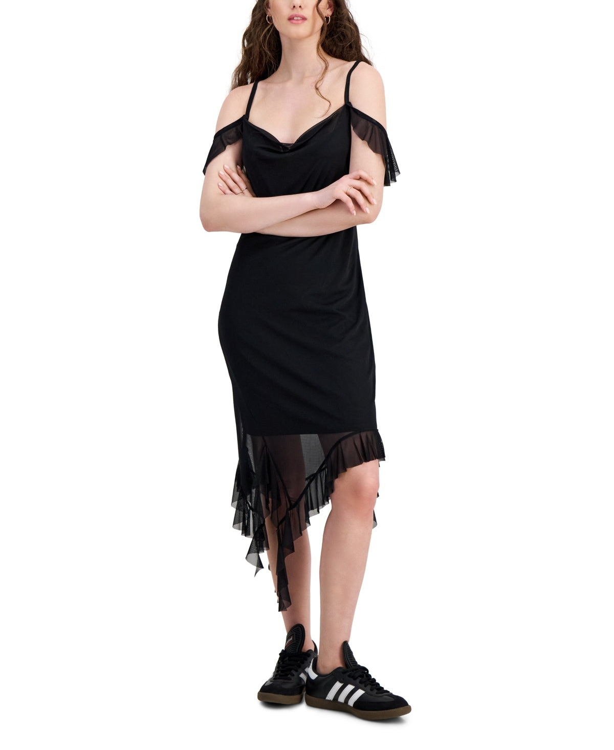 Tinseltown Women's Black Mesh Ruffle Midi Dress | Tinseltown In Lebanon