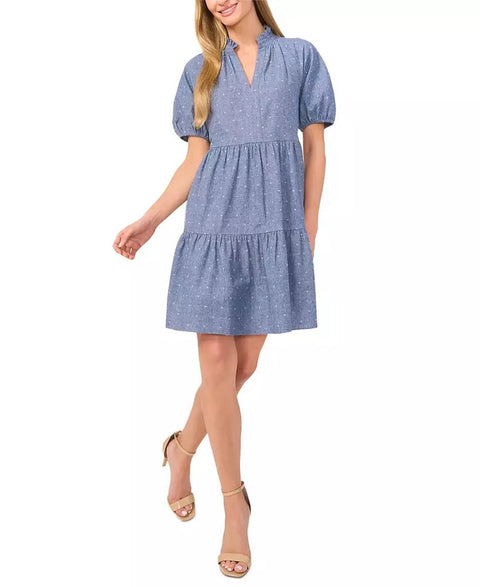 CeCe Women's Niagara Blue Cotton V-Neck Puff-Sleeve Tiered Dress  |  CeCe in Lebanon