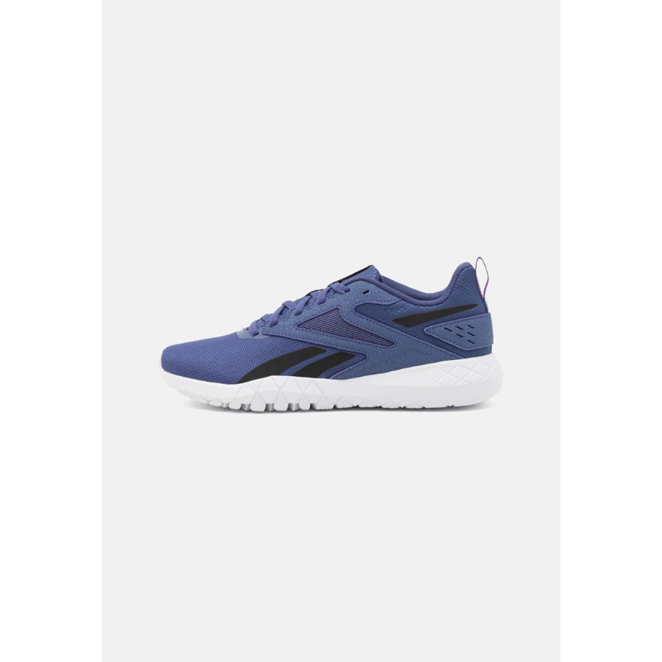 A single Reebok running shoe in blue and black with a white sole, shown from the side profile against a light gray background.