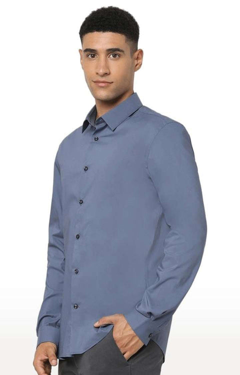 Celio Men’s Dark Blue Regular Fit Solid Cotton-Blend  Long Sleeve Shirt |Celio In Lebanon