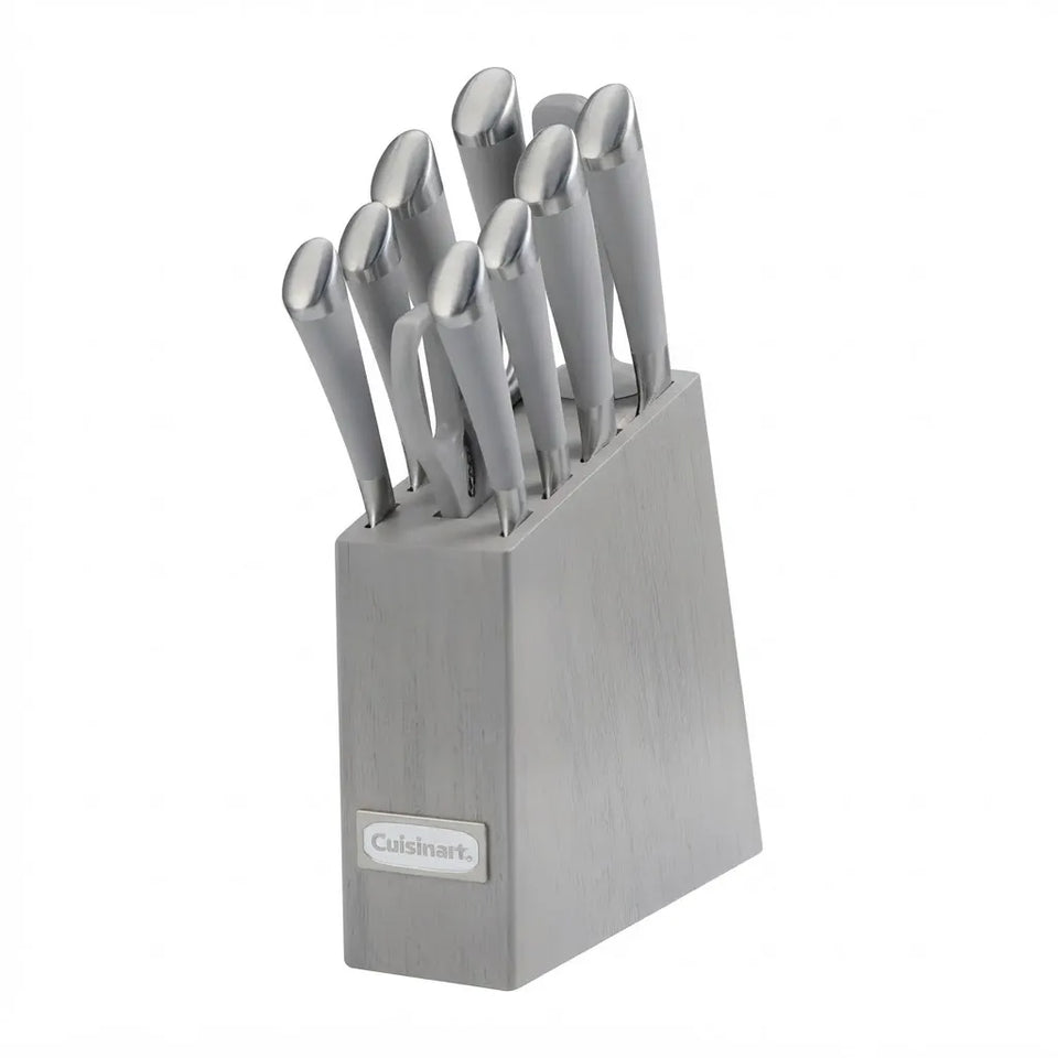 Cuisinart stainless steel knife block set with multiple knives in a brushed silver block, shown on a plain white background.