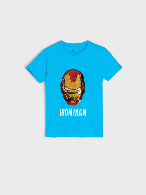 Blue t-shirt with Iron Man graphic on a light gray background
