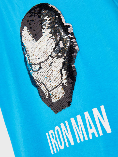 Blue shirt with sequin butterfly design and 'IRON MAN' text