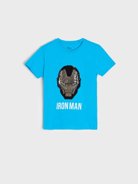 Blue t-shirt with Iron Man graphic and text on a light gray background