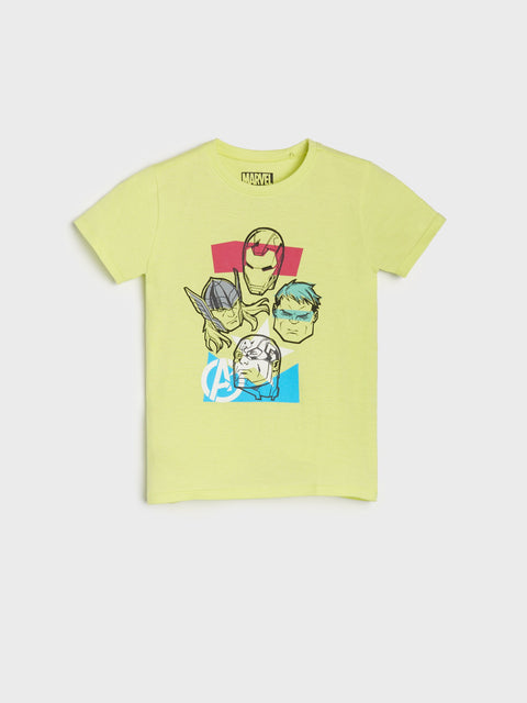 Yellow t-shirt with superhero graphic on a white background