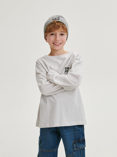 Reserved Boy's Light Grey Oversized Long Sleeve Blouse With Print | Reserved In Lebanon