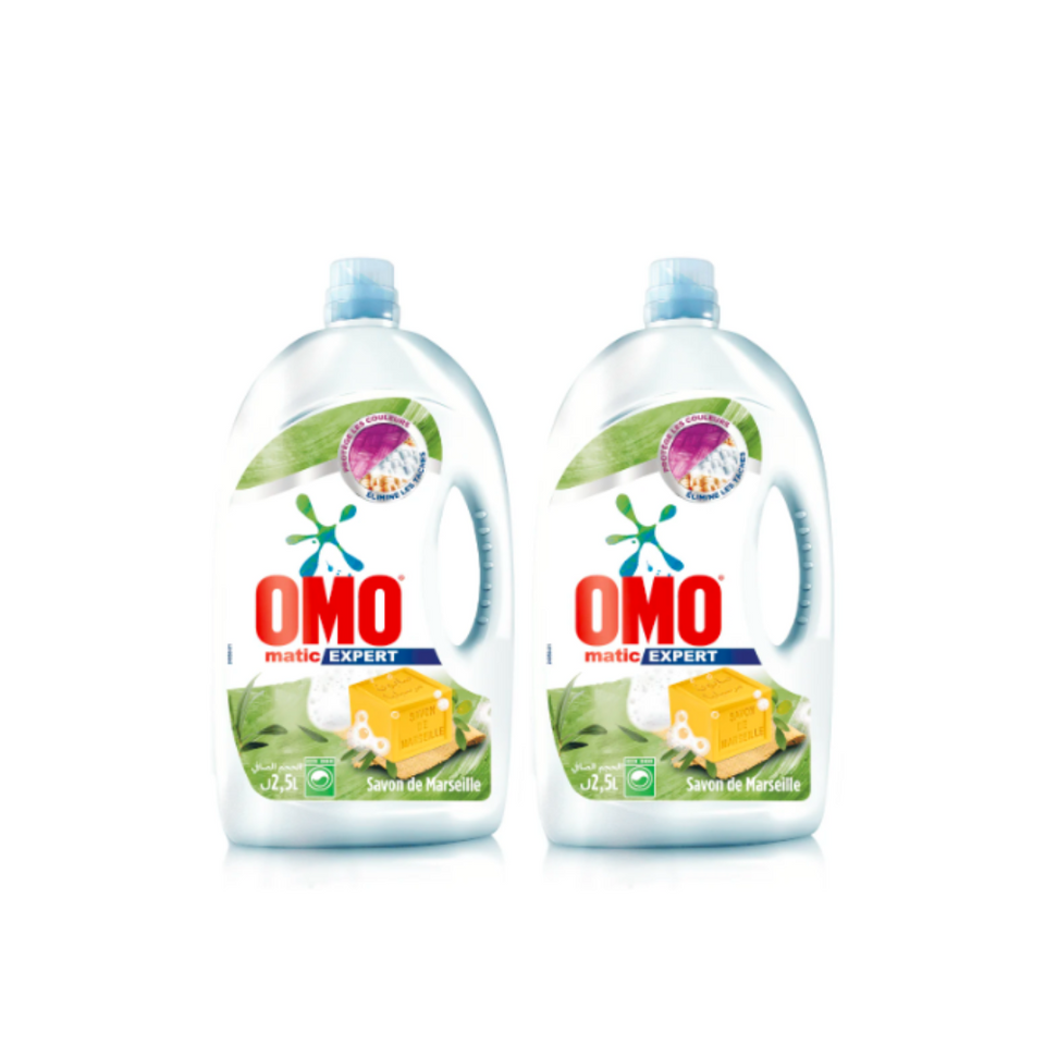 Two bottles of OMO laundry detergent on a white background