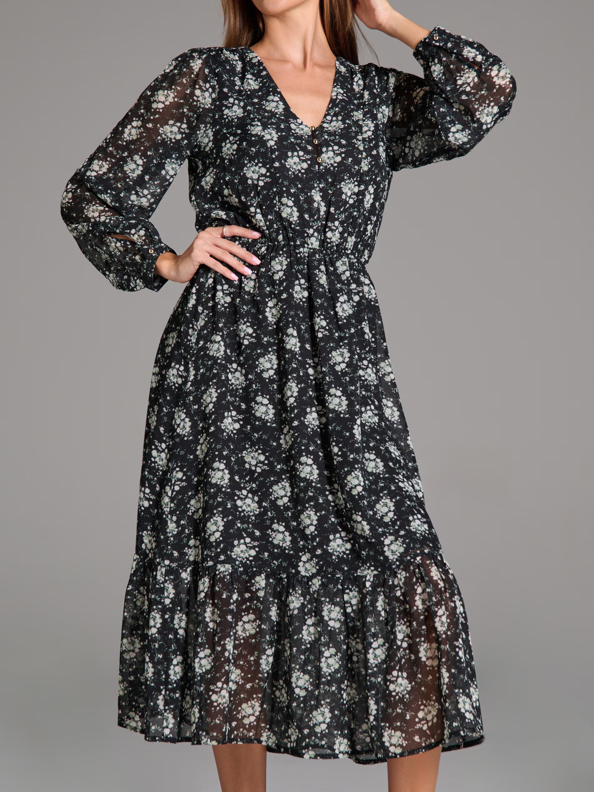 Sinsay Women Black Floral Long Sleeve Midi Dress | Sinsay in Lebanon