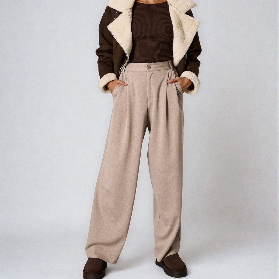 Sinsay Women's Beige Wide Leg High Rise Trousers
