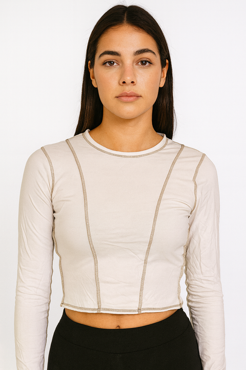 Forever 21 Women's White & Sage Crew Neck Long Sleeve Crop Top | Forever 21 In Lebanon