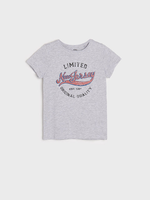 Gray t-shirt with red and black text on a white background