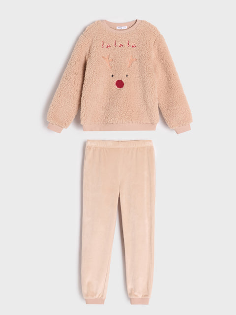 Children's beige fleece pajama set with a reindeer face design on a white background