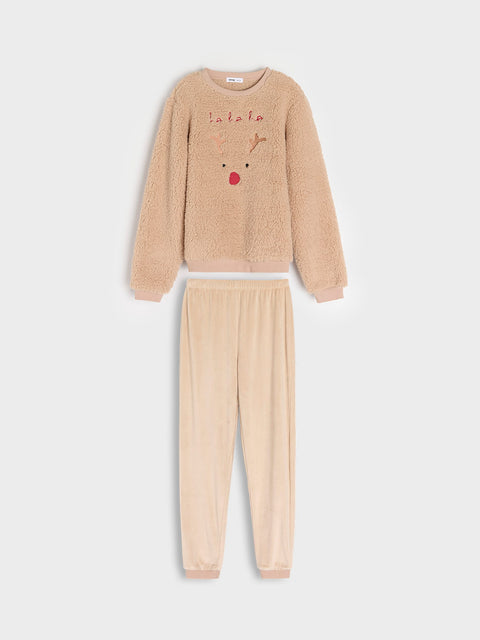 Sinsay Girl's Beige Fluffy Christmas Printed 2 pcs Pajama Set|Sinsay In Lebanon