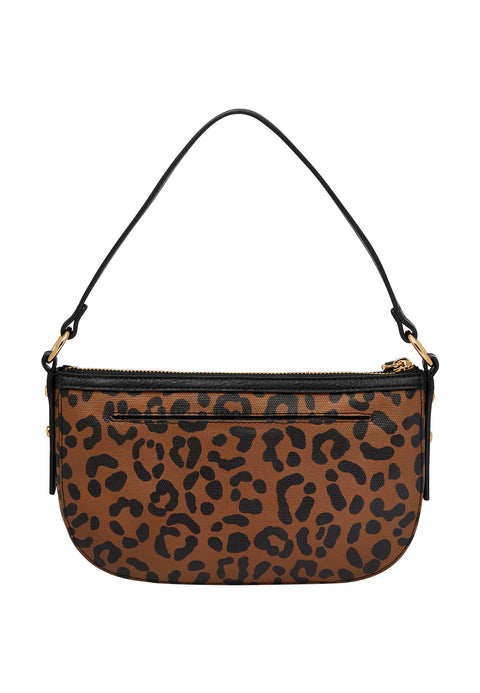 Leopard print handbag with a black strap on a white background