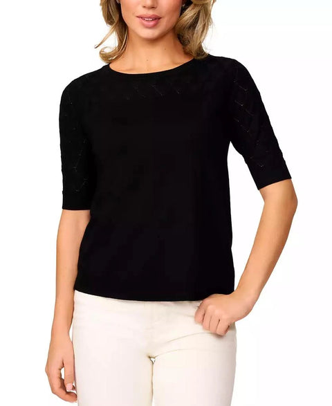 Melissa Paige Women's Black Yoke Wave Stitch Elbow-Sleeve T-Shirt| Melissa Paige In Lebanon