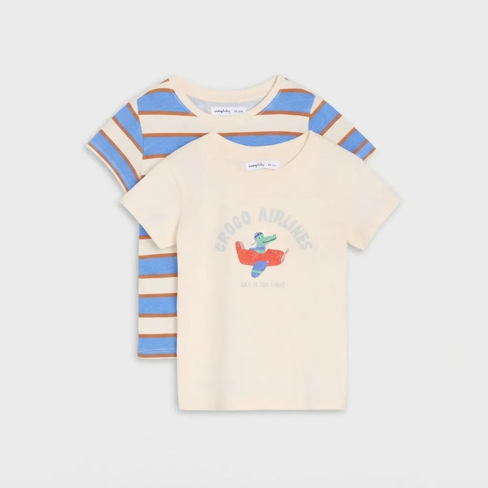 Sinsay Baby Boy's Beige & Blue Striped Comfortable Crew Neckline 2-Pack T-Shirt