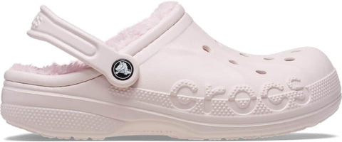 Pink clog shoe with 'Crocs' branding on a white background