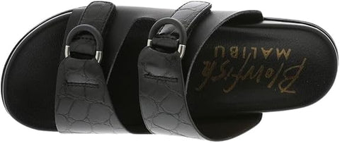 Black sandal with multiple straps and 'MALIBU' branding on a white background