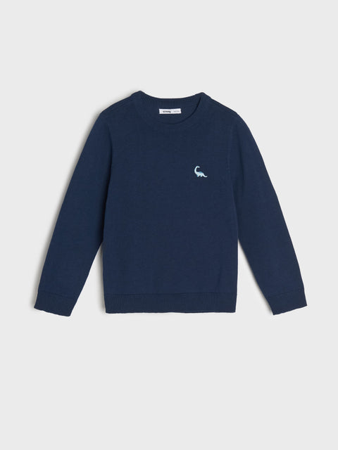Navy blue sweater with a small white logo on a light gray background