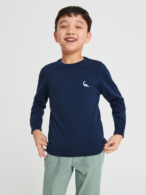Child wearing a navy sweater with a logo on a light gray background