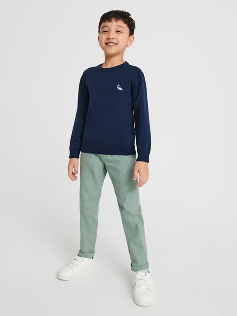 Child wearing a navy long-sleeve shirt and green pants on a white background