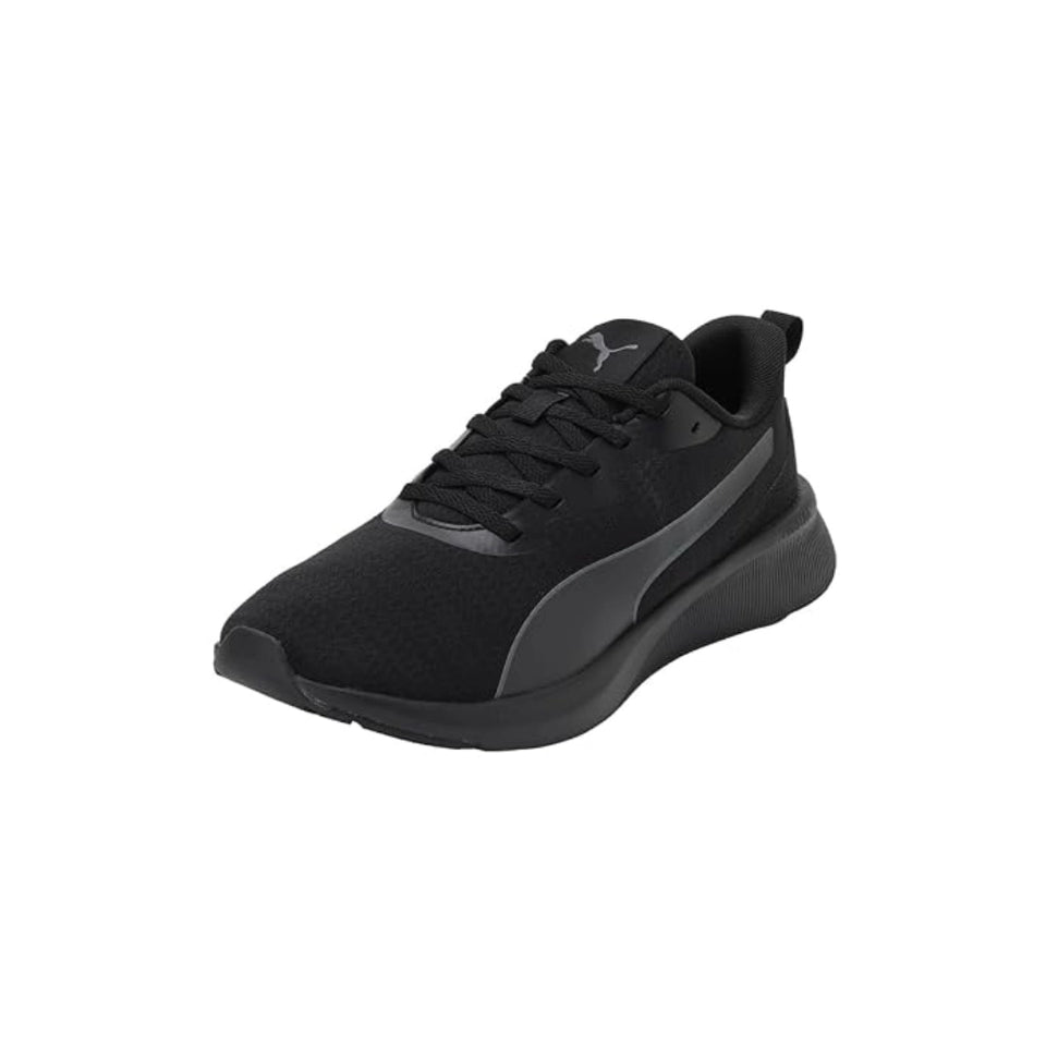 A black Puma athletic sneaker with a textured knit upper, black laces, and a dark gray Puma Formstrip on the side, shown against a plain white background.