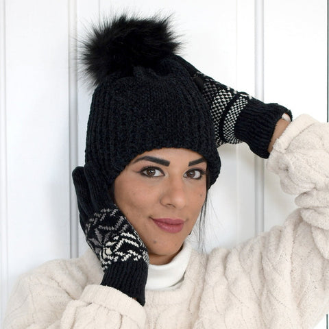 Isotoner Signature Women's Black Solid Faux Fur Pom Chenille Knit Hat | Isotoner Signature In Lebanon