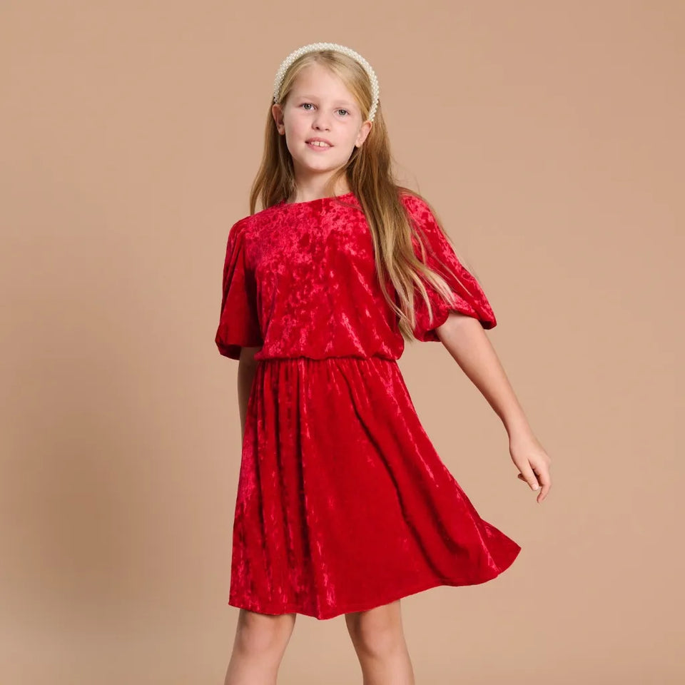 Sinsay Girl's Red Puff Sleeves Crew Neck Dress