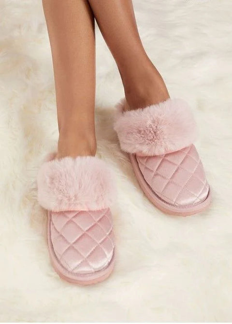 Charter Club Women's Pink Velvet Quilted Faux Fur Trim Slipper | Charter Club In Lebanon