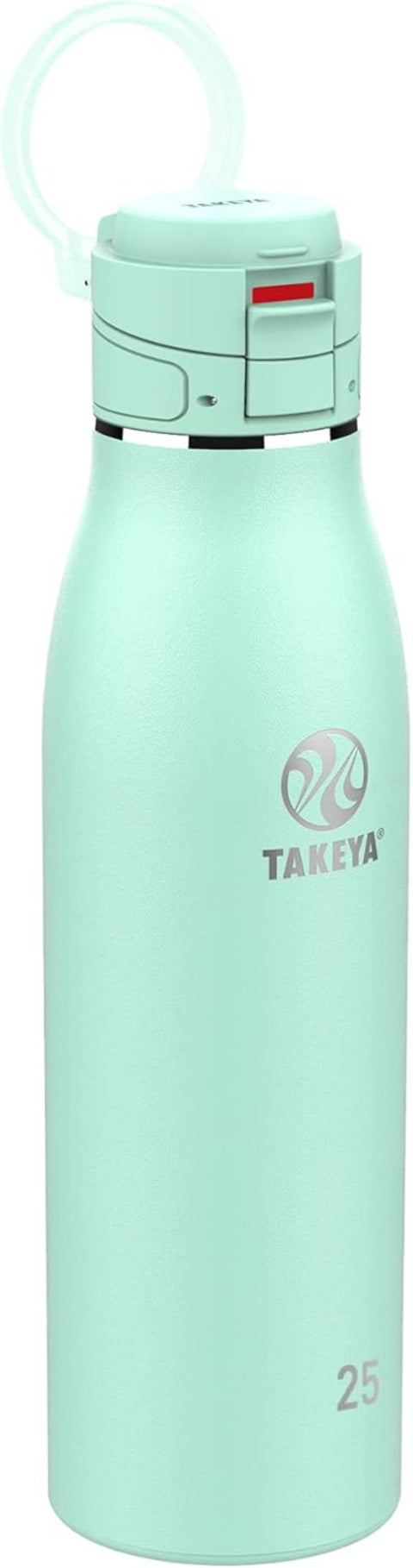 Mint green water bottle with a silver cap on a white background