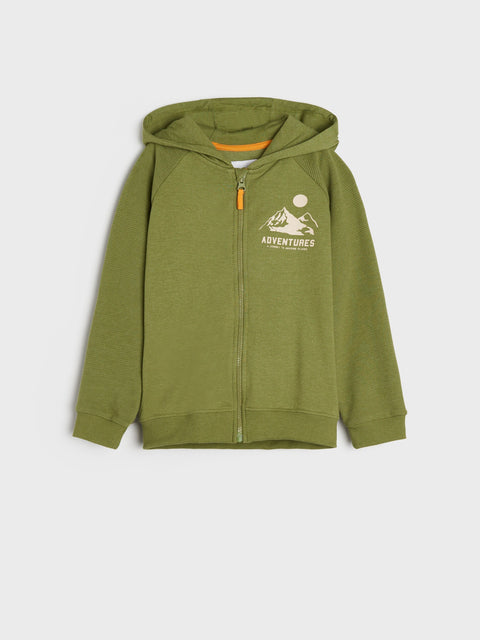 Green hoodie with a mountain graphic and 'Adventures' text on a white background