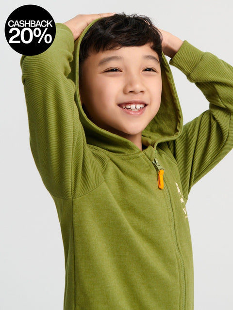 Child wearing a green hoodie with a small logo on a light gray background