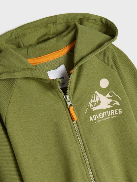 Green hoodie with a mountain logo and 'Adventures' text on a white background