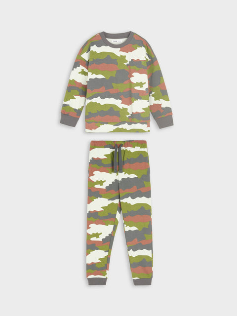 Camouflage-patterned pajama set on a white background