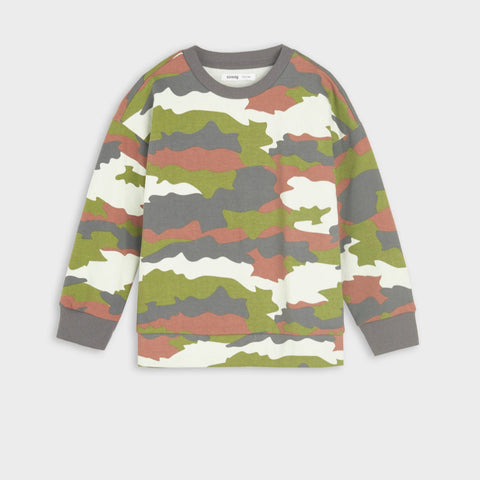 Camouflage-patterned long-sleeve shirt on a light gray background