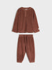 Brown ribbed long-sleeve top and pants set on a light gray background
