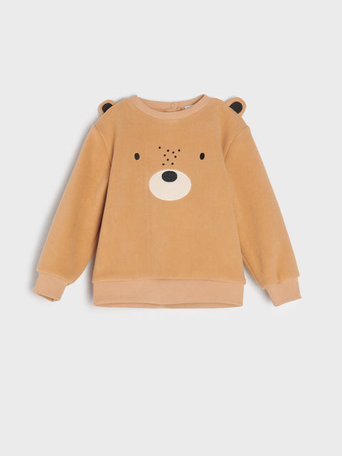 Children's brown sweatshirt with bear face design on a light gray background